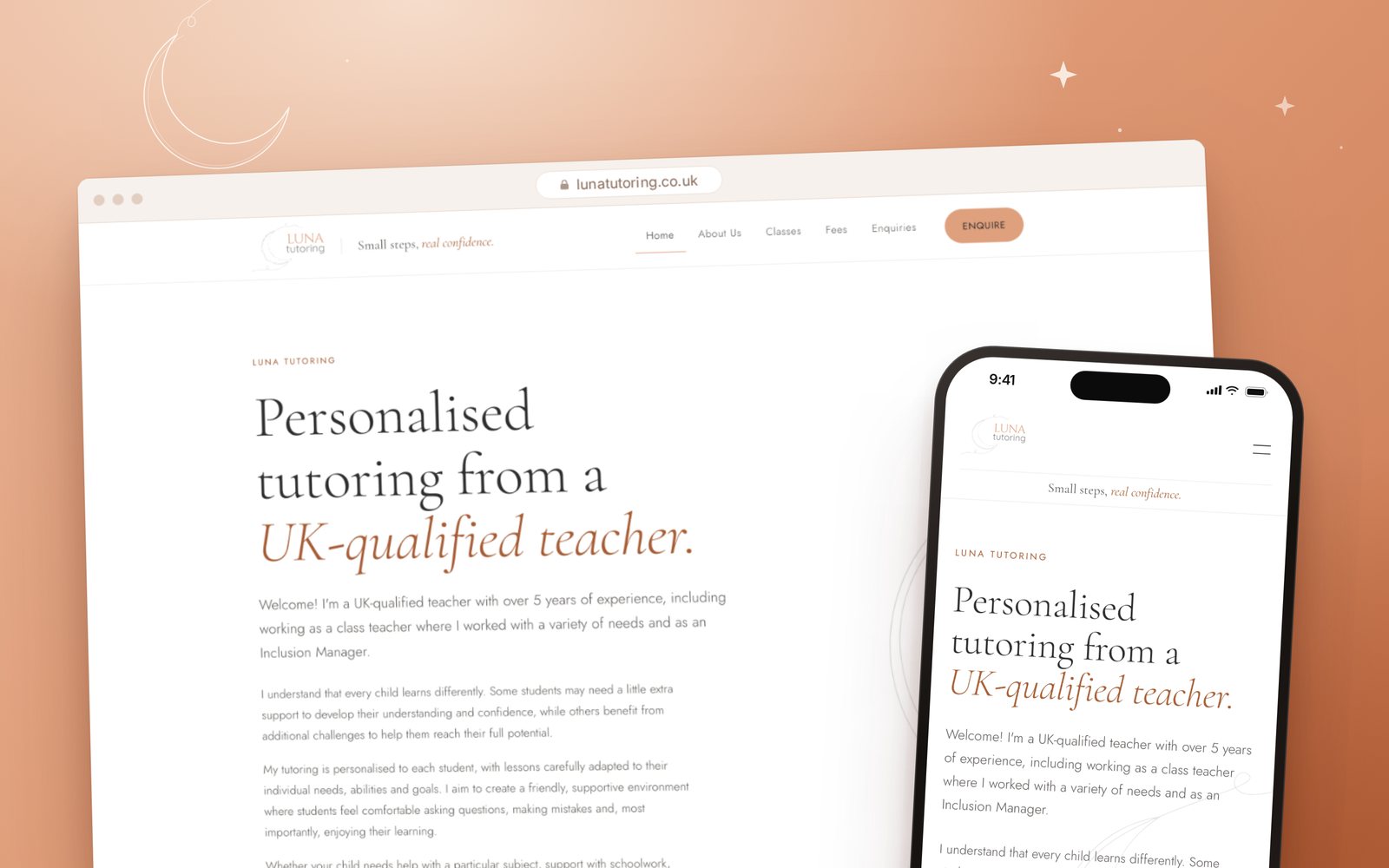Luna Tutoring homepage shown on desktop and on a phone, on a warm peach background with a fine-line crescent moon